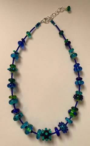 Blue green seed bead necklace