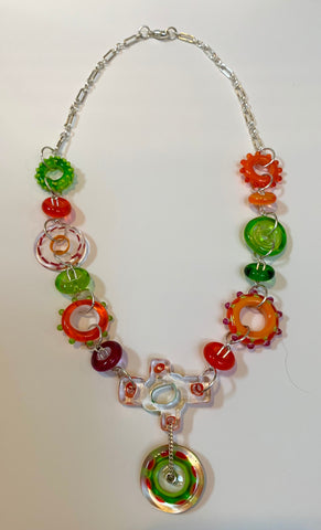 Orange, pink and green beads with silver chain, one of a kind
