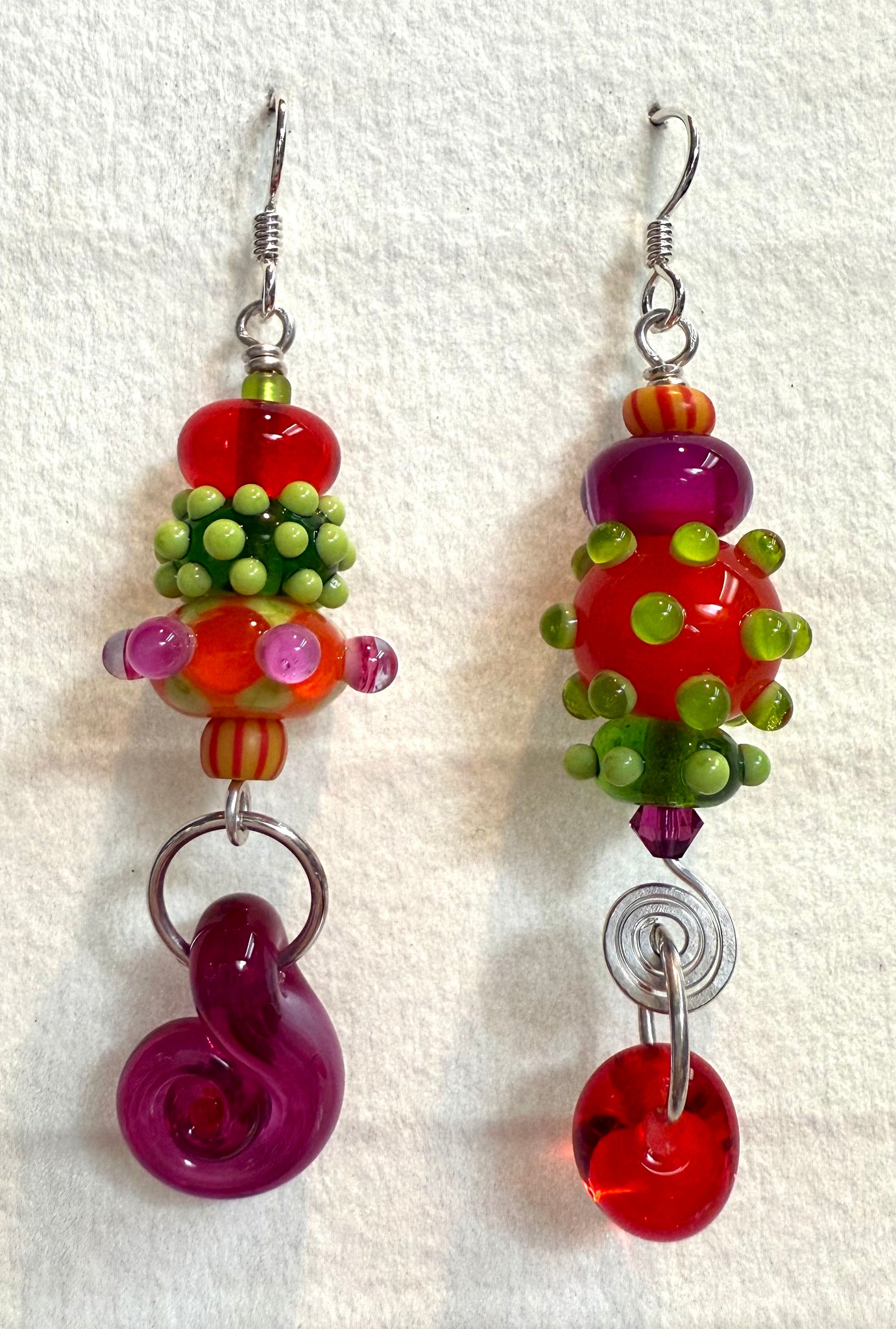 Large asymmetrical earrings (orange, pink and green)