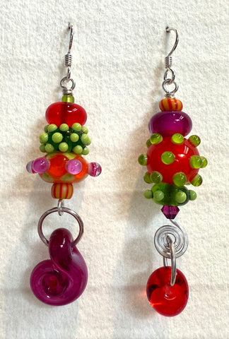 Large asymmetrical earrings (orange, pink and green)