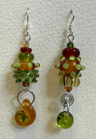 Large asymmetrical earrings (amber and olive)