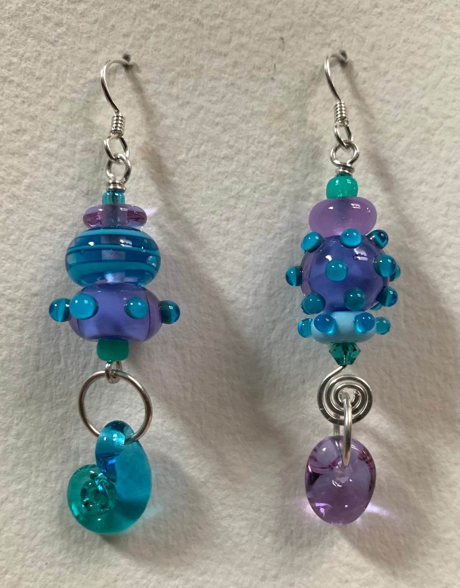 Large asymmetrical earrings lavender and aqua