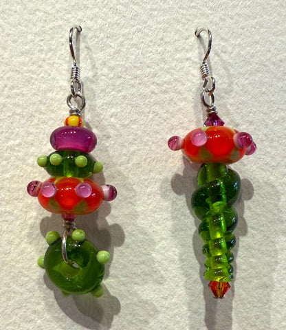 Asymmetrical earrings (orange, pink, green)
