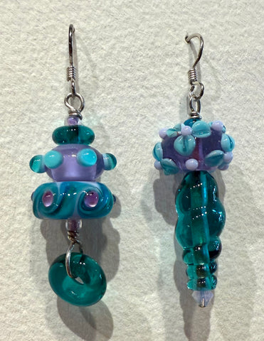 Asymmetrical earrings (lavender and aqua/teal)