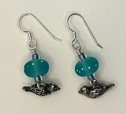 Symmetrical earrings (etched light aqua with bird charms by Green Girl)