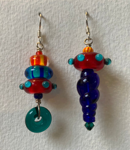 Asymmetrical earrings (multi with red/turquoise dots)