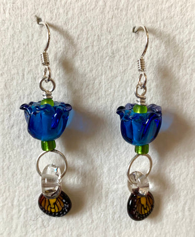 Flower earrings (blue with butterfly wings)