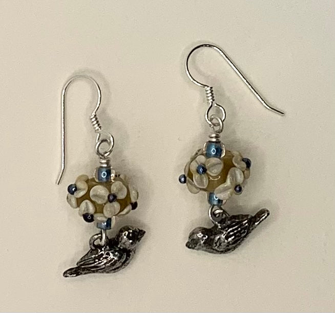 Symmetrical earrings (ivory silver with bird charms)