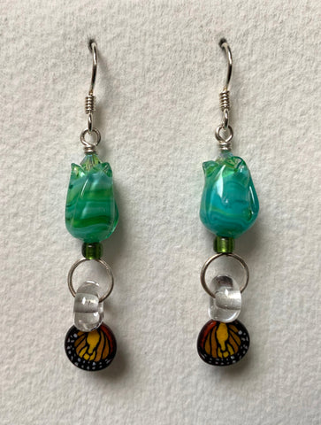 Flower earrings (marbled green with butterfly wings)