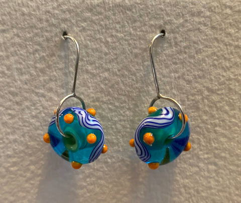 Circle earrings (green/aqua with yellow dots, blue and white stripes)