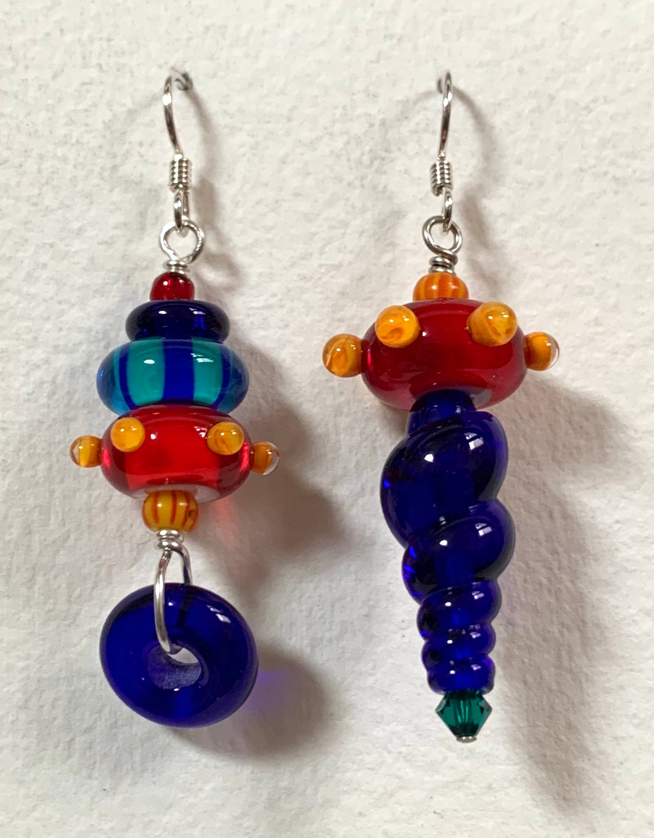 Asymmetrical earrings (multi with red/yellow dots)