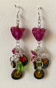 Flower earrings (dark pink with crystals, silver, glass leaves and butterfly wings)