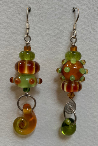 Large asymmetrical earrings (amber and olive)