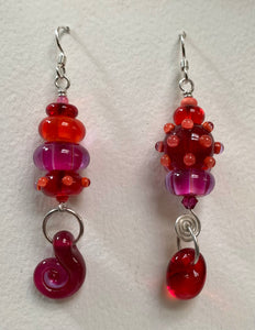Large asymmetrical earrings, red, pink, coral