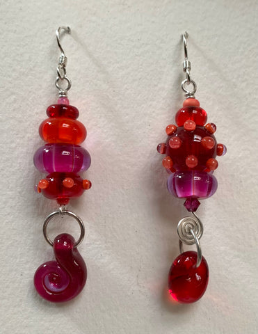 Large asymmetrical earrings, red, pink, coral
