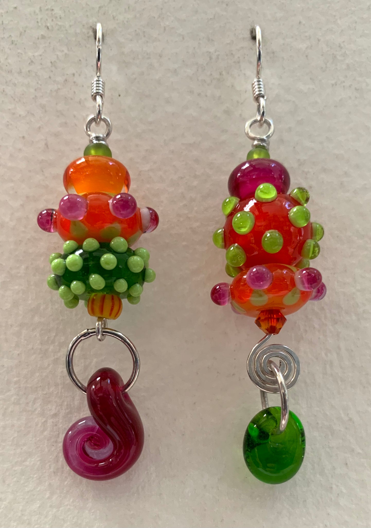 Large asymmetrical earrings (orange, pink and green)