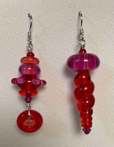 Asymmetrical earrings (red, pink, orange)
