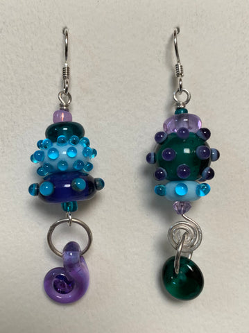 Large asymmetrical earrings lavender violet aqua