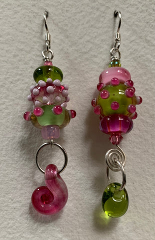 Large asymmetrical earrings pink and olive green