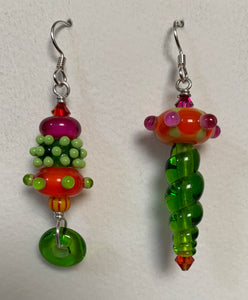 Asymmetrical earrings (orange, pink, green)